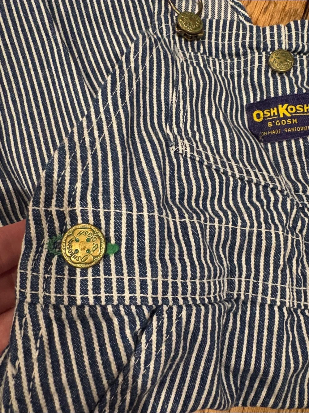 Vintage Union Made OshKosh Striped Overalls green detail view measurements